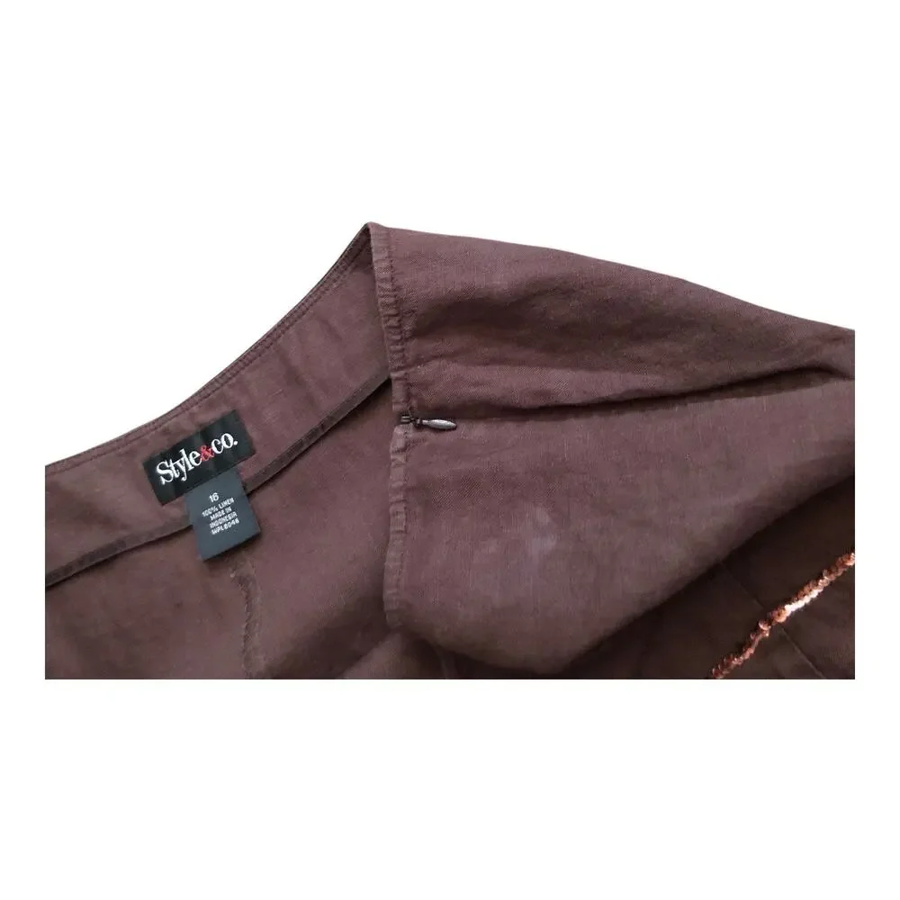 Style & Co Linen Skirt Womens Size 16 Brown A-Line Metallic Sequin Side Zip